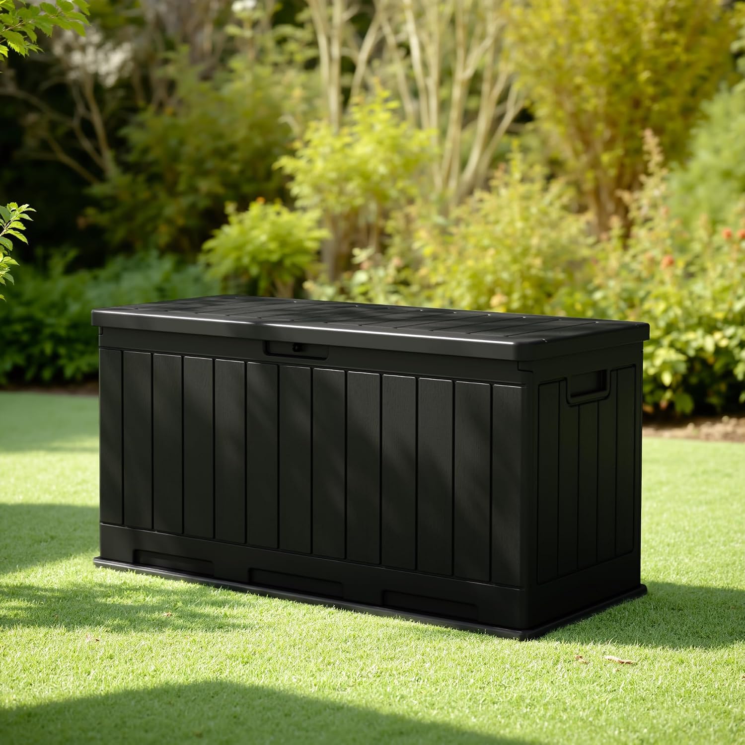 JUMMICO 90 Gallon Waterproof Resin Deck Box, Double Wall Outdoor Storage Box with Lockable Lid for Garden Tools, Patio Cushions, Pools (Black)