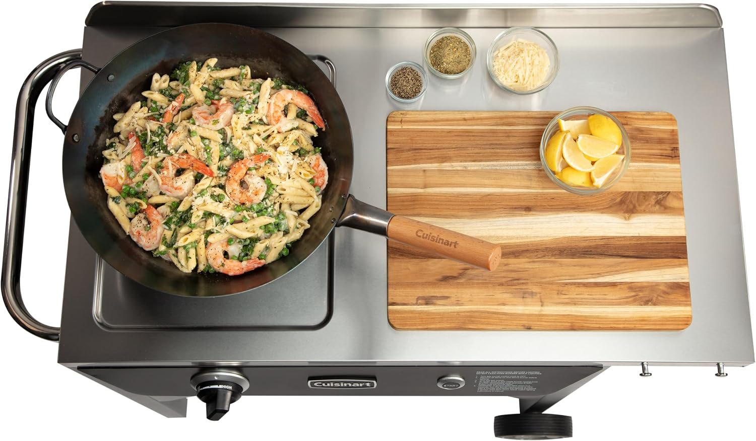 Cuisinart Outdoor Wok Station, 50,000 BTU Propane Outdoor Wok Burner with Prep Table, 14' Carbon Steel Fry Pan, Stainless Steel Side Table, Storage, Outdoor Cooking Station for Stir Fry, Searing, BBQ