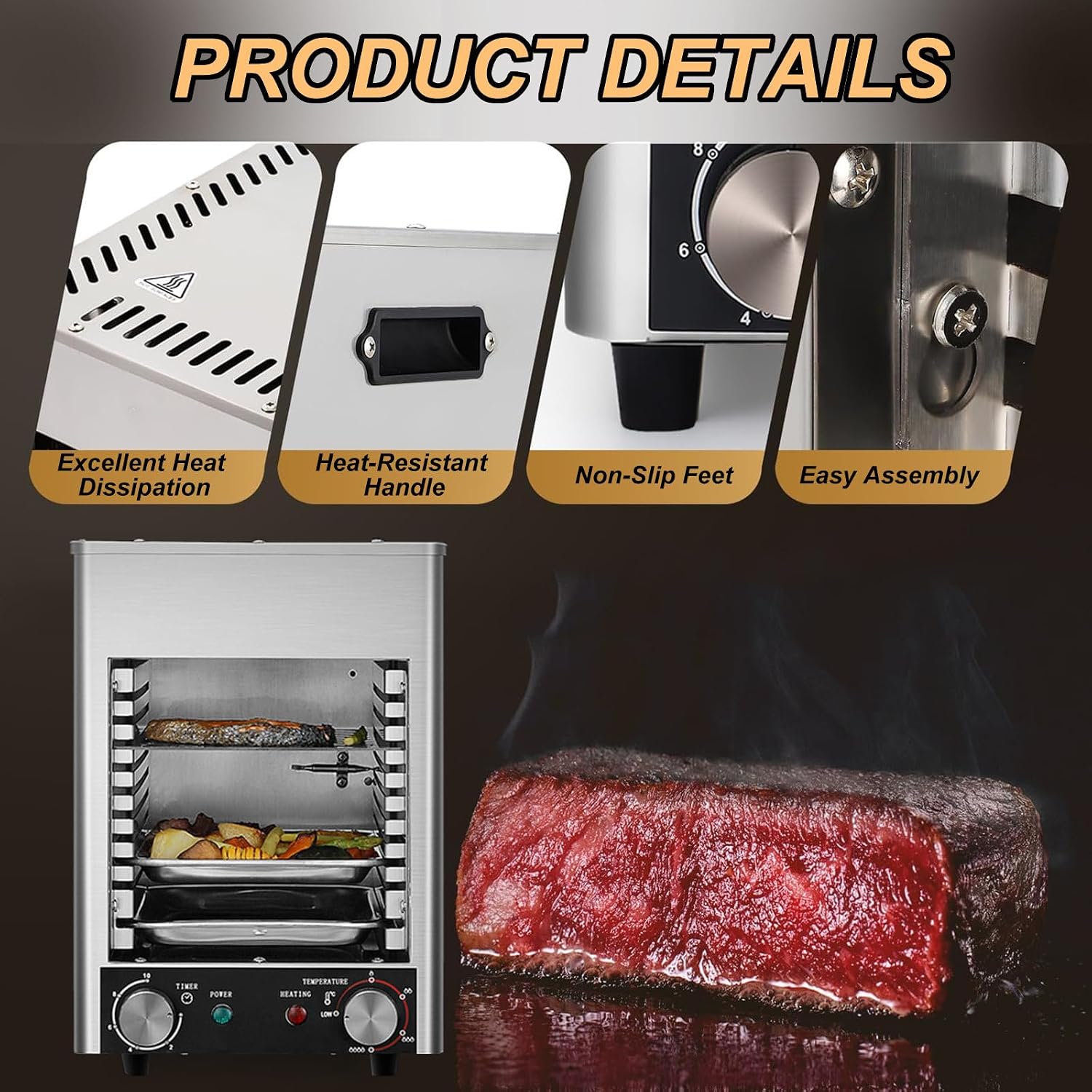 1700W Electric Steak Broiler, Contact Steak Grills,With 10-Layer Grill/Time Temperature Adjustable/Maximum Temperature 800℃,220V