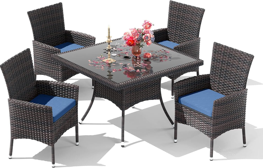 10 Pieces Outdoor Patio Dining Set,Patio Table and Chairs Rattan Outdoor Patio Furniture Set with Umbrella Hole,Dining Table Set for 8 with Chairs for Backyard,Garden and Kitchen,Navy Blue