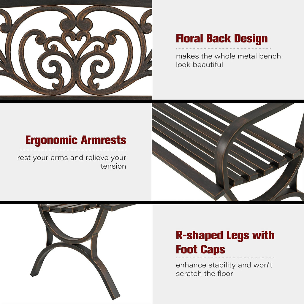 Sophia & William Metal Outdoor Bench, 50' Outdoor Garden Bench Patio Park Bench, Cast Iron Park Benches for Outside with Floral Design Backrest, Bronze