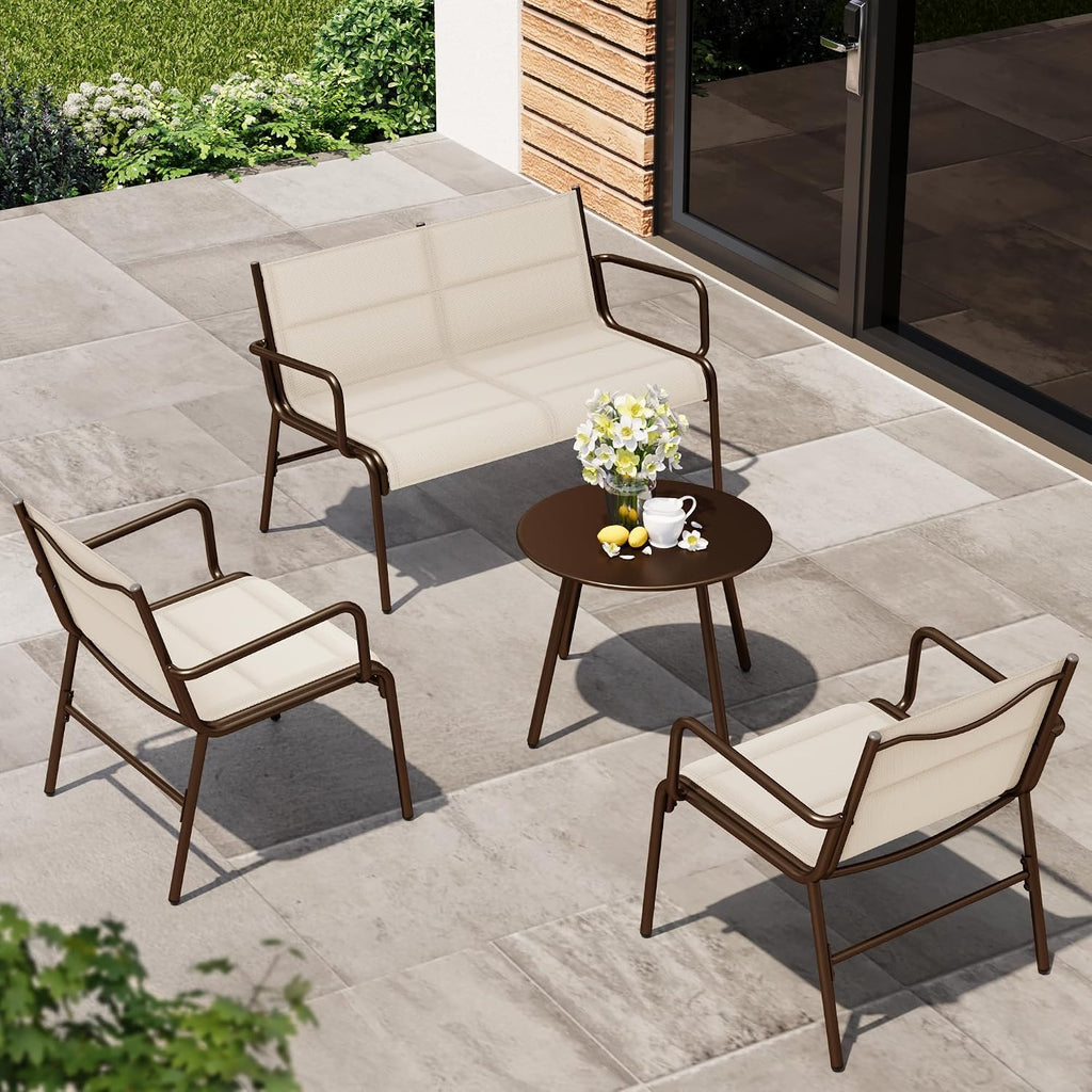 East Oak 4-Piece Patio Furniture Set, Waterproof Outdoor Furniture Set, Patio Sofa with Coffee Table for Balcony or Porch, 4 Seats Patio Conversation Sets for Backyard in Beige