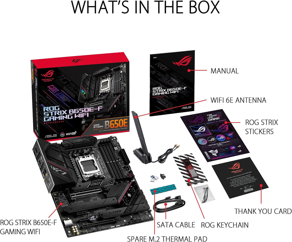 ASUS ROG Strix B650E-F Gaming WiFi AMD B650 AM5 Ryzen™ Desktop 9000 8000 & 7000 ATX Motherboard, 12+2 Power Stages, DDR5, 3X M.2 Slot, PCIe® 5.0, WiFi 6E, 2.5G LAN, USB 3.2 Gen 2x2 Type-C®, Aura Sync