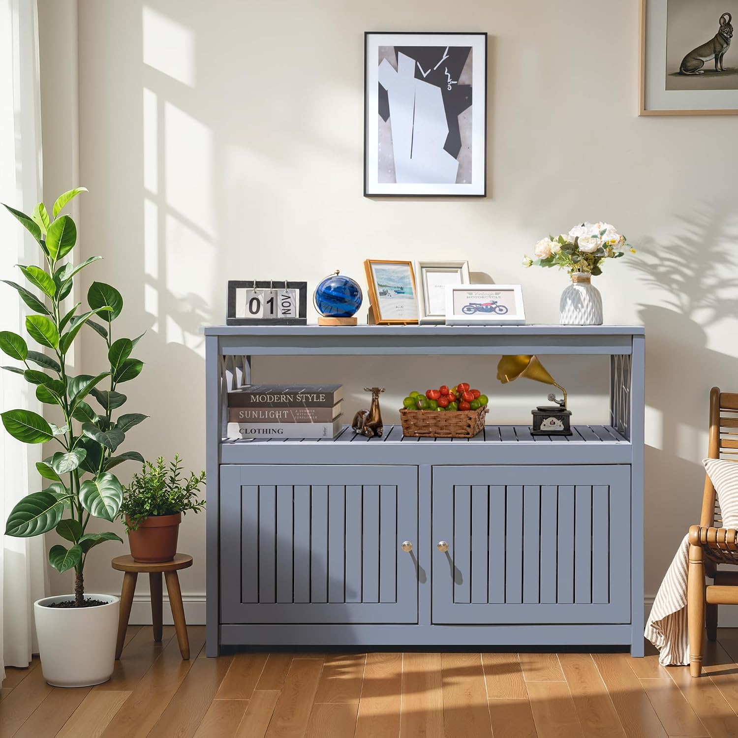 Devoko Acacia Wood Patio Cabinet with 2 Magnetic Doors and Shelve for Outdoor Storage, TV Stand, Potting Table (Gray)