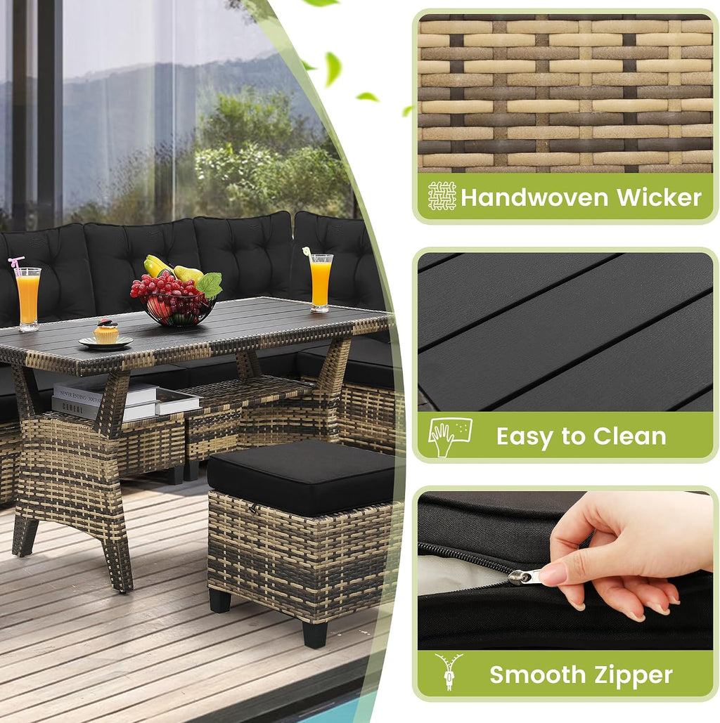 KROFEM 6-Piece Patio Furniture Set, Outdoor Sectional Sofa with Dining Table & Chairs, All-Weather Dining Set with Removable Cushion Covers, Ideal for Garden, Porch, Backyard, Black