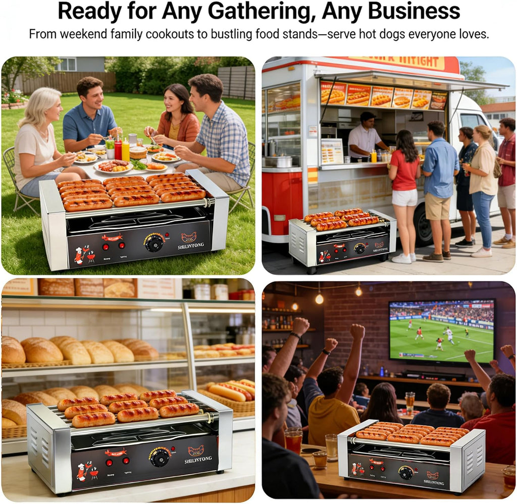 Commercial Hot Dog Roller Machine - 5 Roller Electric Grill with 16 Hot Dog Capacity, 750W Stainless Steel, Removable Drip Tray
