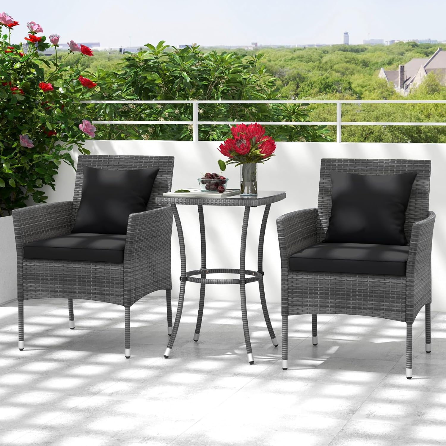 RELAX4LIFE 3-Piece Patio Furniture Set - Rattan Wicker Outdoor Furniture w/Cushions & Tempered Glass Coffee Table, Small Conversation Bistro Table and Chairs Set of 2 for Garden Porch Balcony (Black)