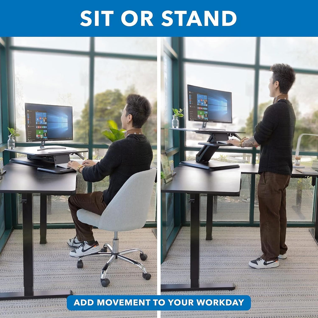 Mount-It! Standing Desk Converter, Compact 25' Sit Stand Desk Riser with Gas Spring Lift, Adjustable Height Desktop Riser for Laptop, Monitor, and Keyboard, Small Home Office Desk Converter