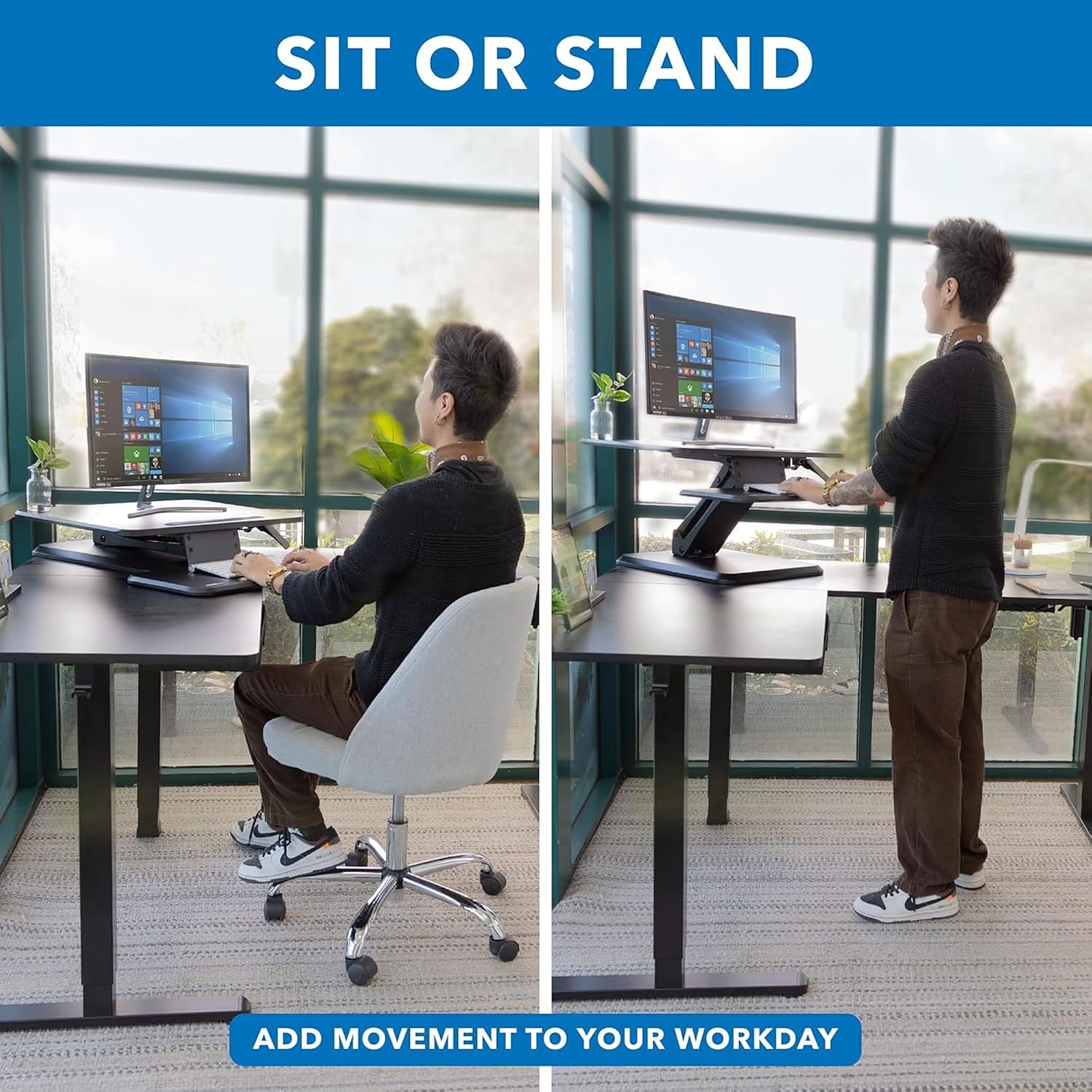 Mount-It! Standing Desk Converter, Compact 25' Sit Stand Desk Riser with Gas Spring Lift, Adjustable Height Desktop Riser for Laptop, Monitor, and Keyboard, Small Home Office Desk Converter