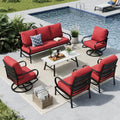 MFSTUDIO 6 Pieces Metal Patio Furniture Sets, 2 Swivel Chairs, 3-Seat Loveseat Sofa, 2 Patio Chairs & 1 Marbling Coffee Table, All Weather 7 Seats Outdoor Conversation Set for Garden, Burgundy Red