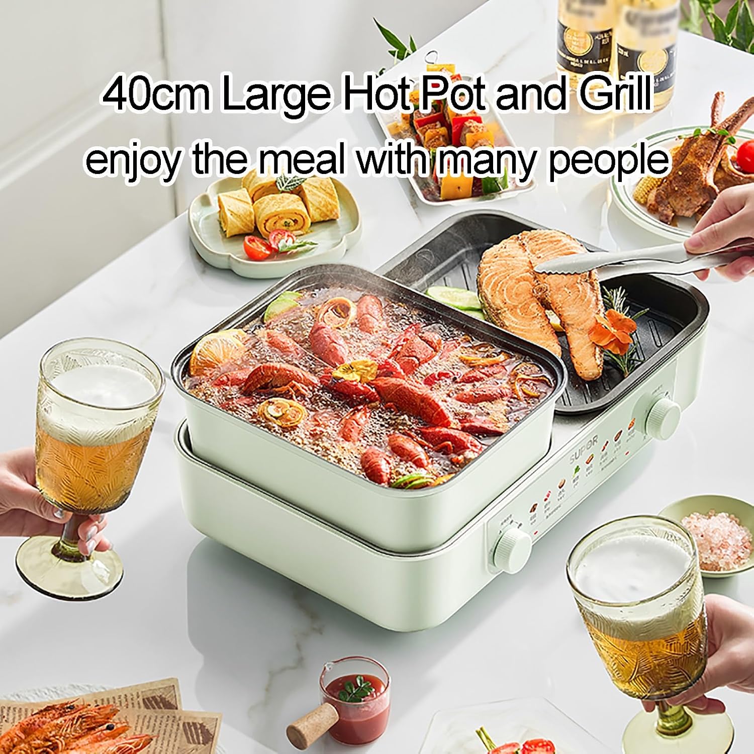 Hot Pot Electric Grill, 2000 W Indoor Non-Stick Electric Pot and Grill, Detachable Double Pot, Independent Dual Temperature Control