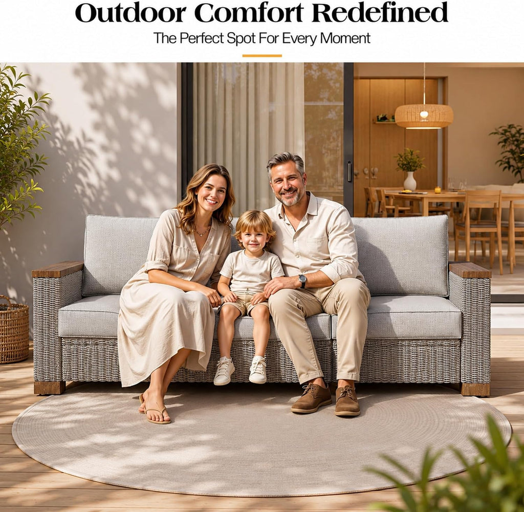 PaPaJet 3 Seat Outdoor Patio Sofa, All-Weather Wicker Couch with Solid Wood Armrests and Legs, 4.7 Inch Thick Removable Cushions, UV Resistant Modular Sofa Perfect for Porch, Backyard, Garden