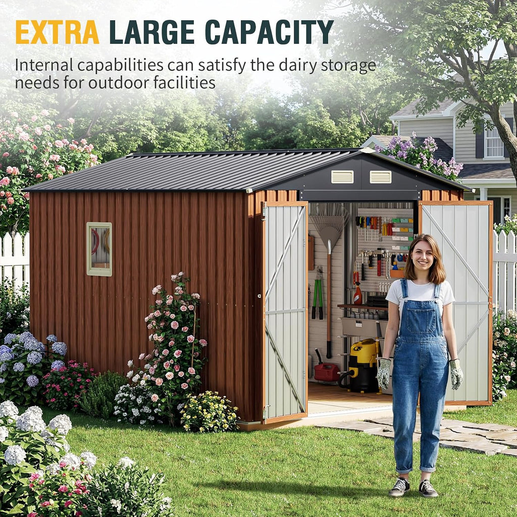 Florise Storage Shed, Large Outdoor Shed with Window, Lockable Doors, Outside Metal Steel Shed for Garden, Backyard, Lawn, Patio Utility, Tool Storage (8x10 FT)