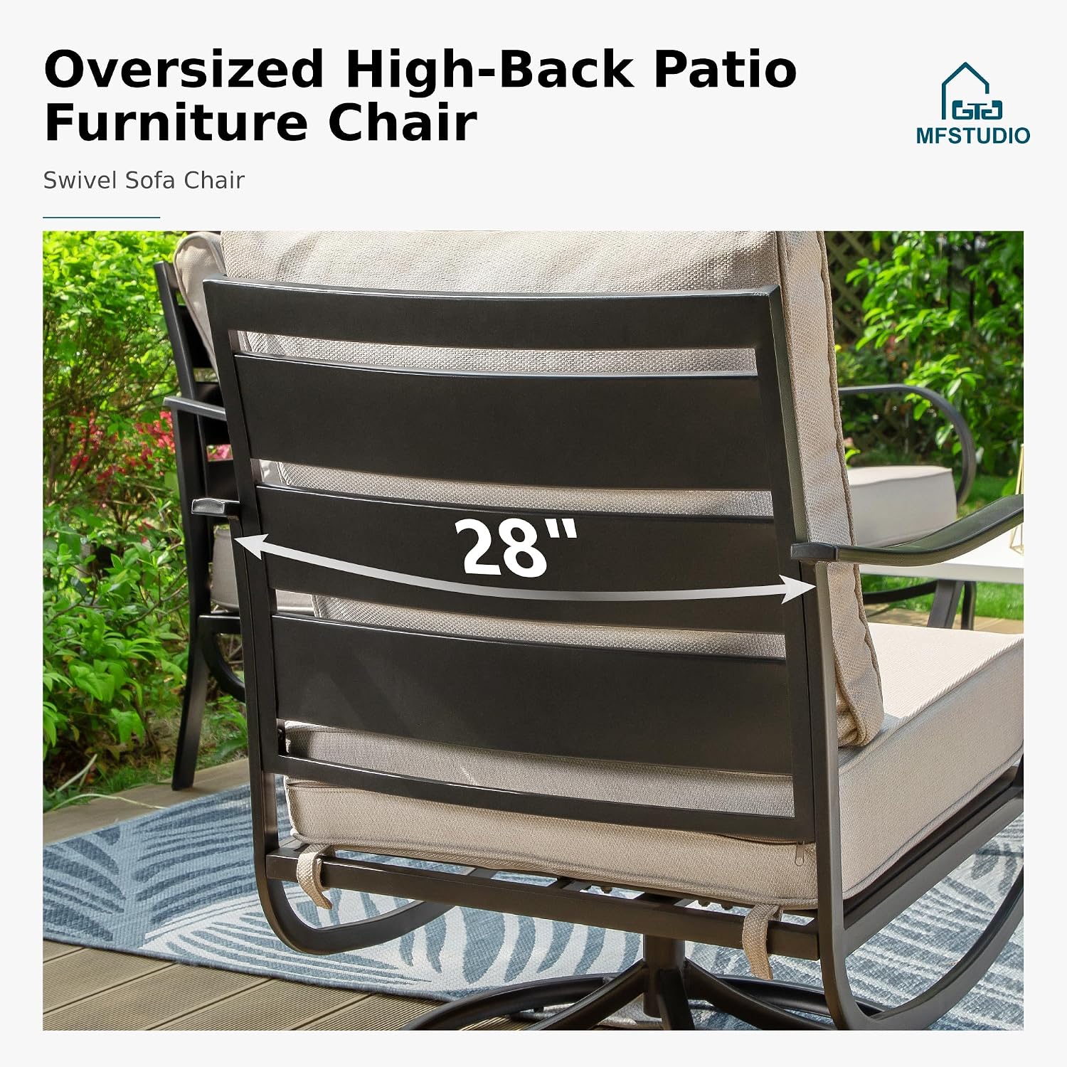 MFSTUDIO 7 Pieces Metal Patio Furniture Sets, 2 Swivel Chairs, 3-Seat Deep Seating Sofa, 2 Single Couch and 2 Ottoman, All Weather 9 Seats Outdoor Conversation Set for Garden Backyard，Beige Cushion