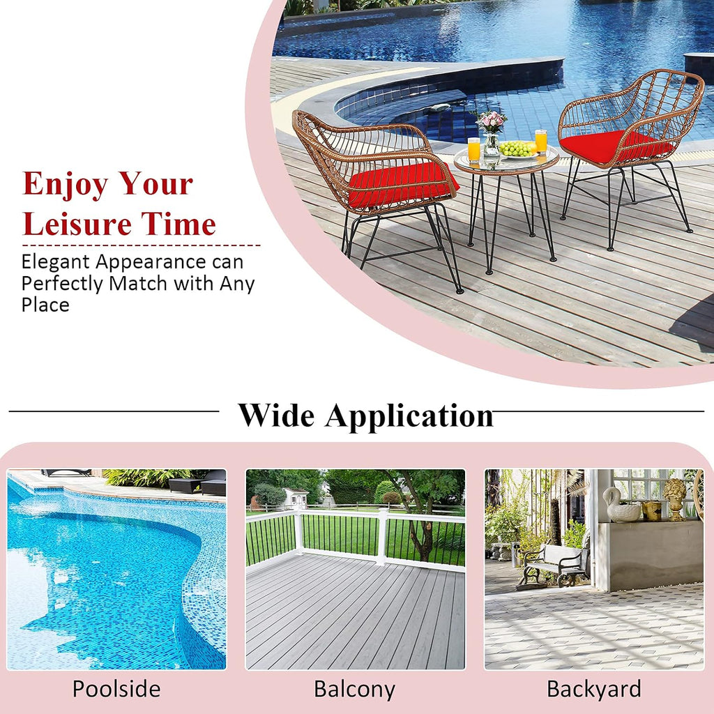 COSTWAY 3 Pieces Patio Bistro Set, Outdoor Rattan Conversation Seating Chair Set with Coffee Table & Soft Cushions, Indoor Wicker Furniture Set for Garden, Balcony, Porch, Pool, Red
