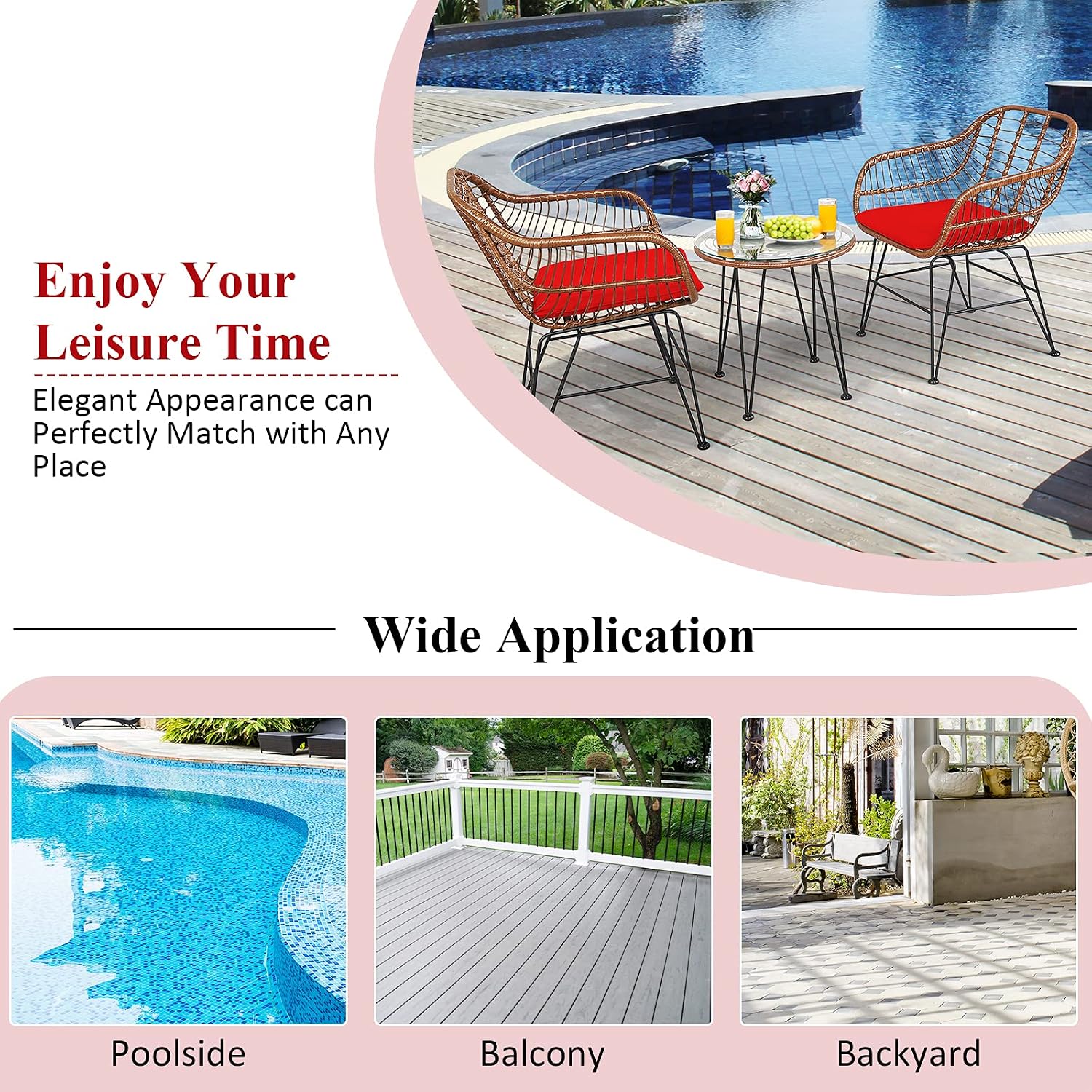 COSTWAY 3 Pieces Patio Bistro Set, Outdoor Rattan Conversation Seating Chair Set with Coffee Table & Soft Cushions, Indoor Wicker Furniture Set for Garden, Balcony, Porch, Pool, Red