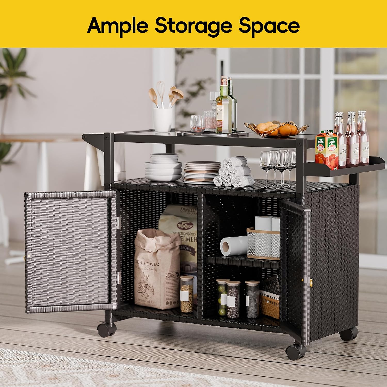 MU Outdoor Bar Cart with Storage and Wheels, Outdoor Bar Table with Tempered Glass Top & Shelf, Rolling Wicker Storage Cabinet with Rounded Handle & Side Basket for Backyard, Poolside, Garden, Black