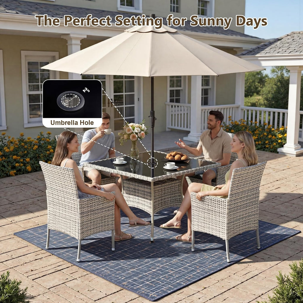 Outdoor Dining Set, 5-Piece Patio Furniture Set with Tempered Glass Table and 4 Cushioned Chairs, Dual-Strand Wicker Rattan, Balcony Furniture for Backyard, Garden, Deck,– Beige