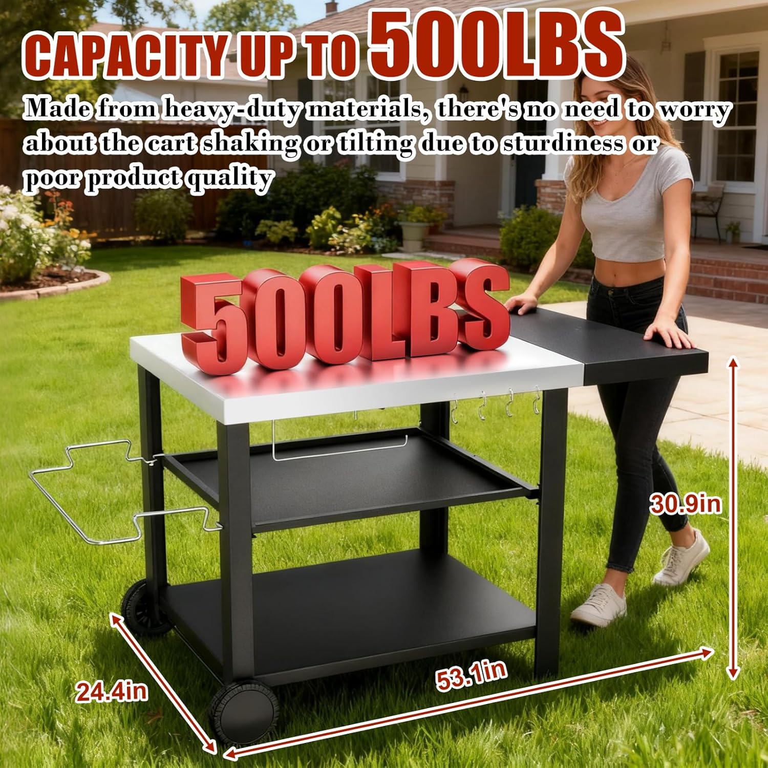 Outdoor Kitchen Island, Grill Cart with Drawer, Pizza Oven Stand, Movable 3-Shelf Prep Table with Side Table for Ninja Woodfire, Ooni Pizza Oven, Blackstone Griddle, Cuisinart, Cooking Station