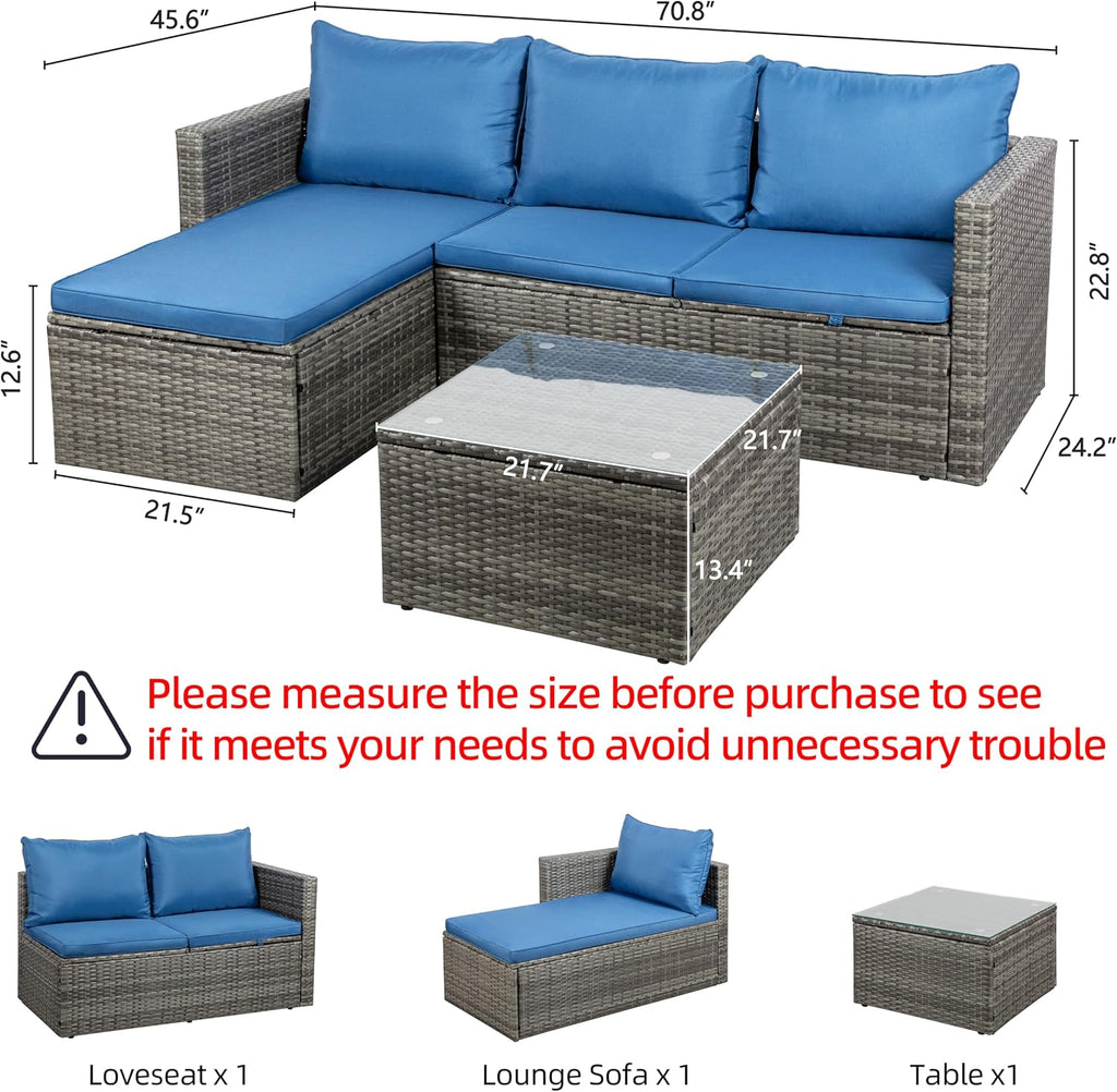 Shintenchi Outdoor Patio Furniture Sets, Small Outdoor Sofa Patio Sectional Sets 3-Piece All Weather Wicker Rattan Seating Sofas with Glass Coffee Table and Cushion (Blue)