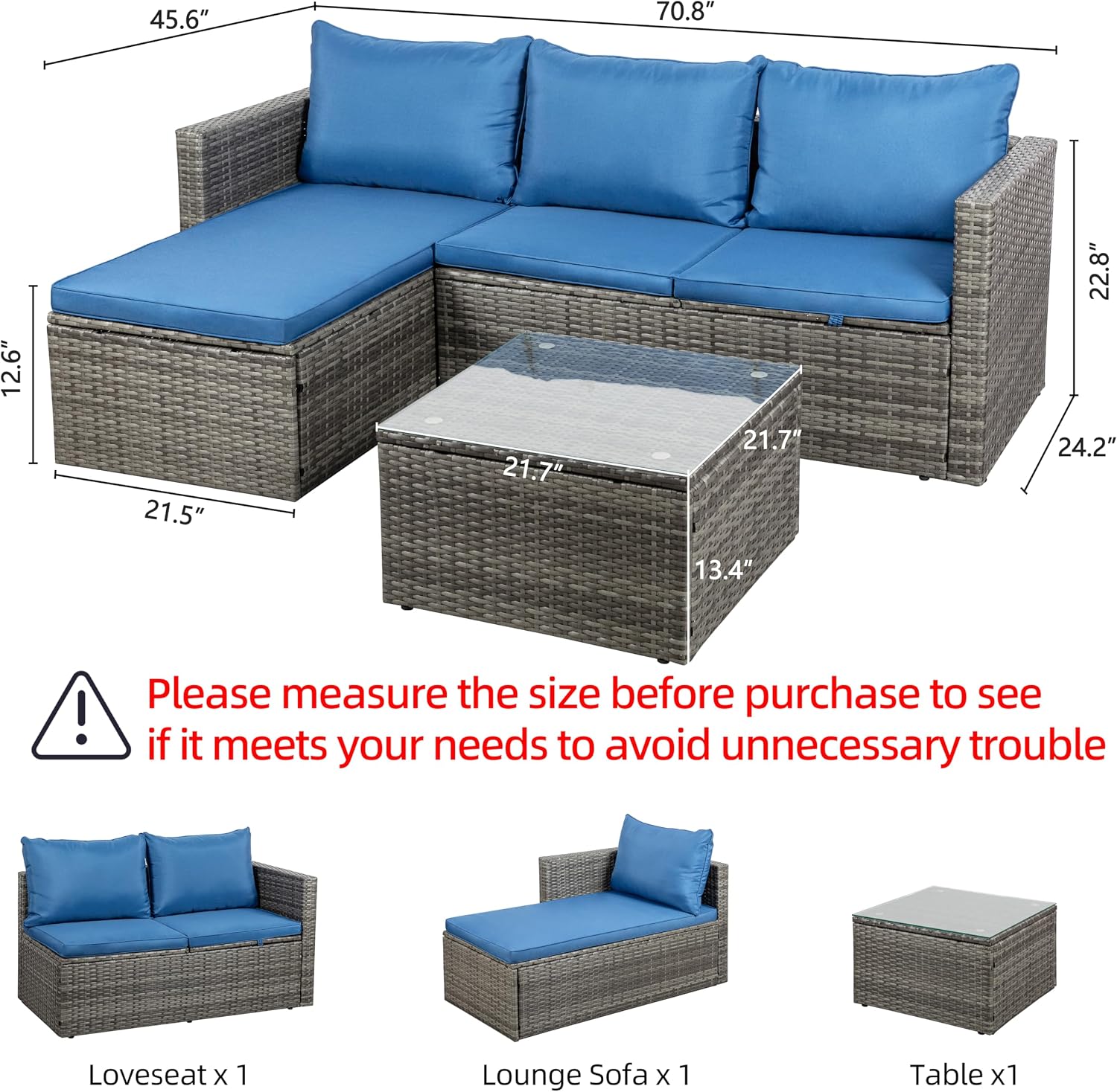 Shintenchi Outdoor Patio Furniture Sets, Small Outdoor Sofa Patio Sectional Sets 3-Piece All Weather Wicker Rattan Seating Sofas with Glass Coffee Table and Cushion (Blue)