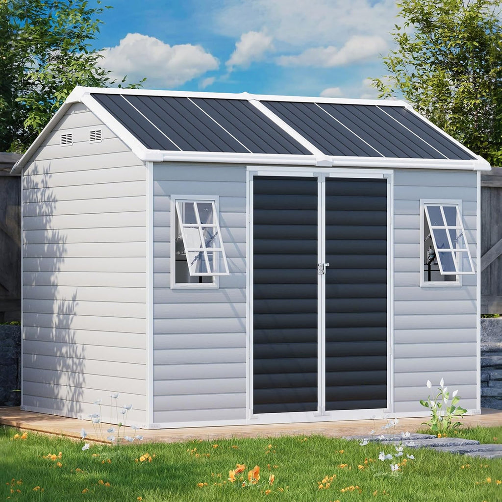 8x6x7 FT Resin Storage Sheds with Floor Unique Openable 2 Windows, Heavy Duty Frame Waterproof Outdoor Plastic Garden Shed Kit with Base for Backyard Patio Lawn Tools Storage, Gray,Large