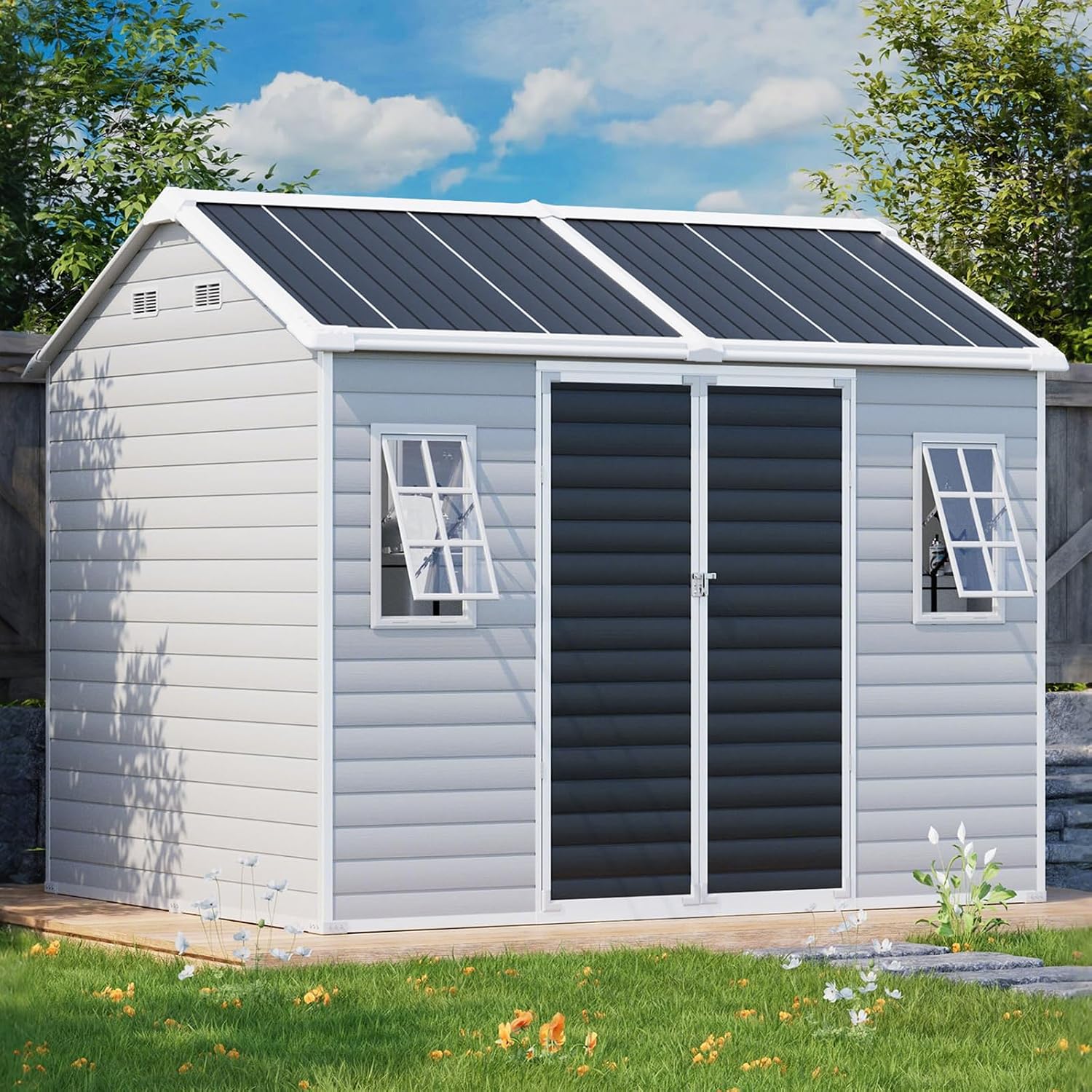 8x6x7 FT Resin Storage Sheds with Floor Unique Openable 2 Windows, Heavy Duty Frame Waterproof Outdoor Plastic Garden Shed Kit with Base for Backyard Patio Lawn Tools Storage, Gray,Large