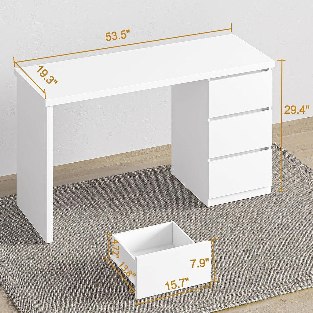 furtble White Desk with Drawers, 53'' W Home Office Computer Desk Gaming Table, Modern Vanity Desk with Storage, Wood Writing Workstation for Bedroom, Living Room, White