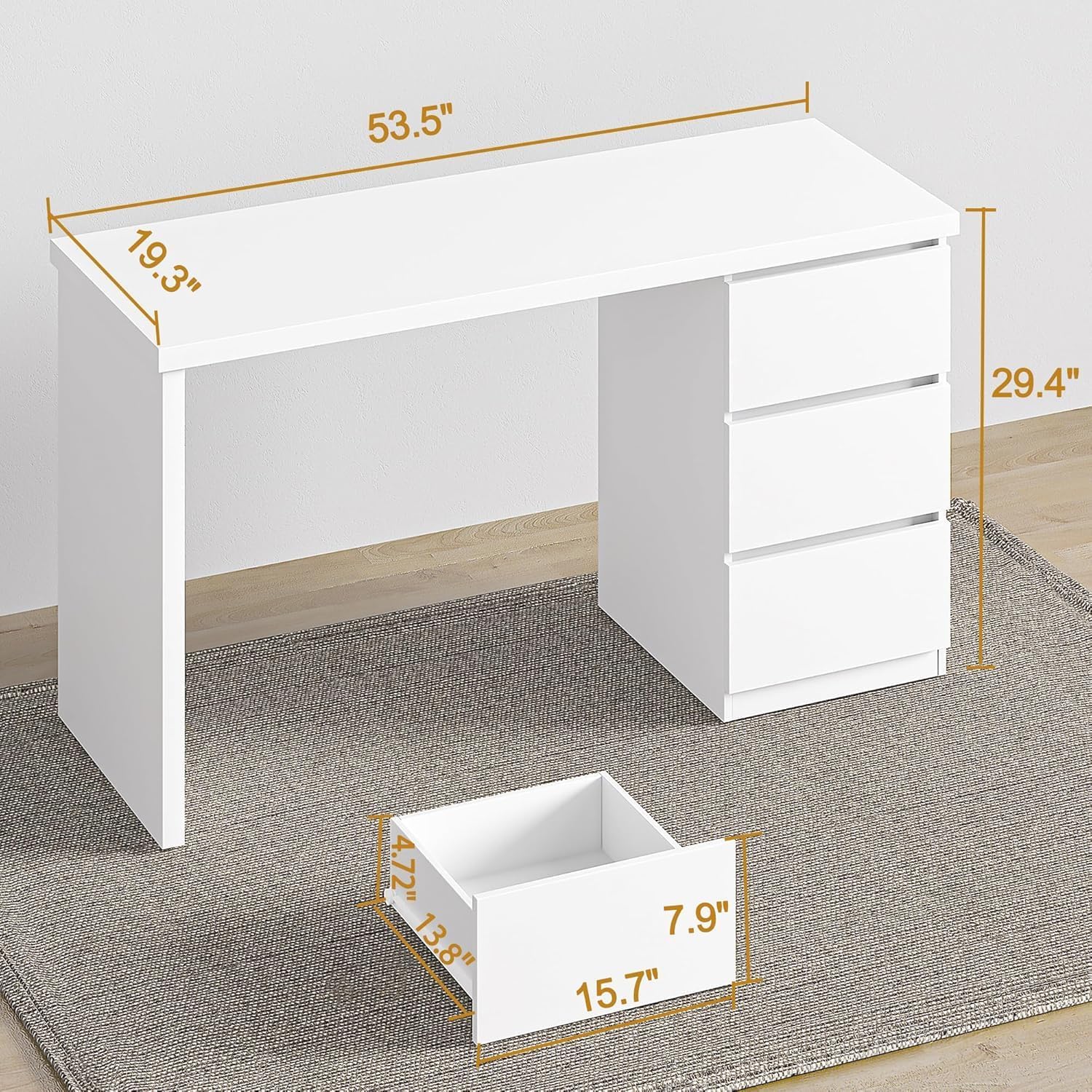 furtble White Desk with Drawers, 53'' W Home Office Computer Desk Gaming Table, Modern Vanity Desk with Storage, Wood Writing Workstation for Bedroom, Living Room, White
