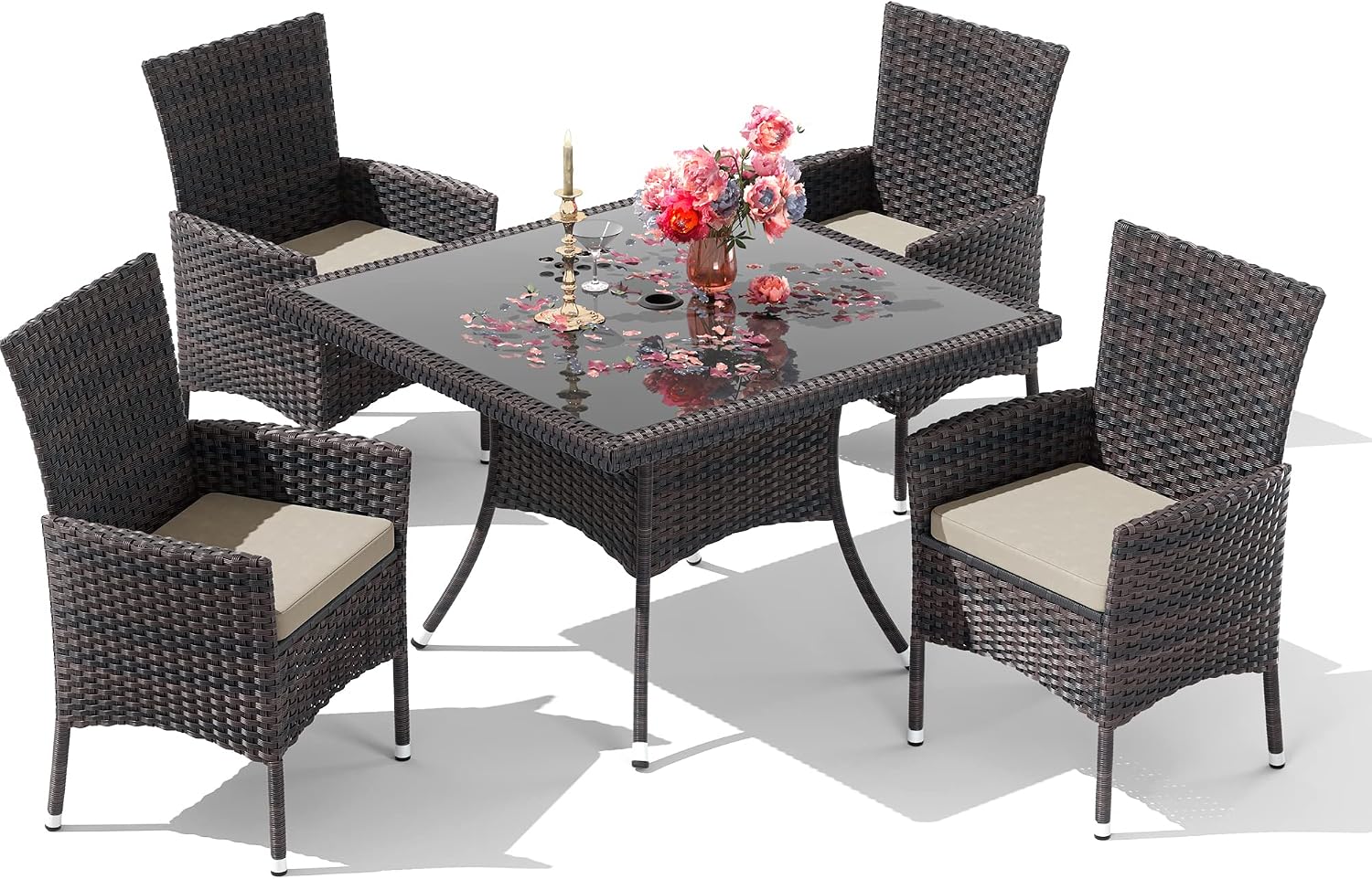 5 Pieces Outdoor Patio Dining Set,Patio Table and Chairs Rattan Outdoor Patio Furniture Set with Umbrella Hole,Dining Table Set for 4 with Chairs for Backyard,Garden and Kitchen,Brown