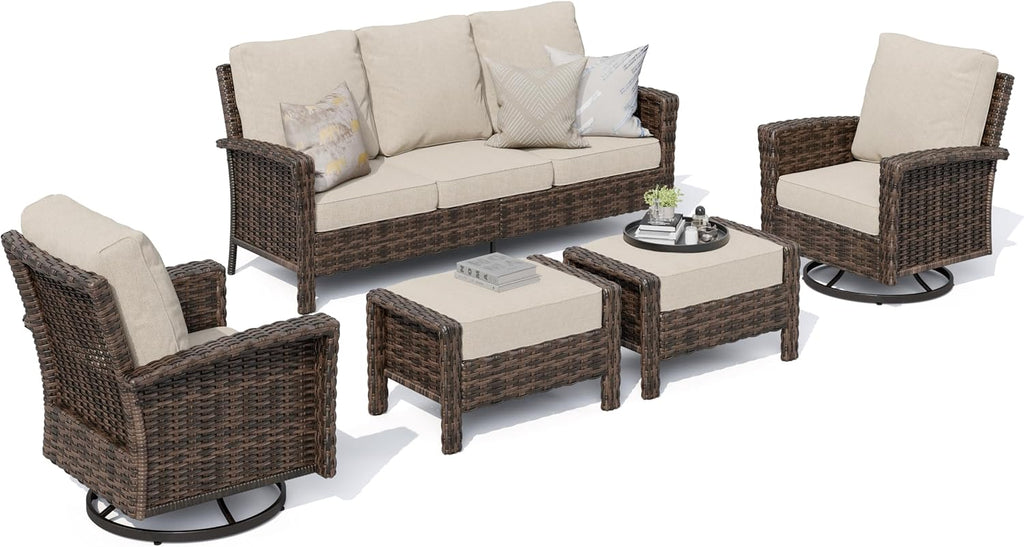 HERA'S HOUSE Patio Furniture Set with Swivel Chairs, High Back Outdoor Wicker Furniture with 5.5' Thick Cushions, Outside Conversation Sofa Sets for Backyard Deck Lawn, Beige