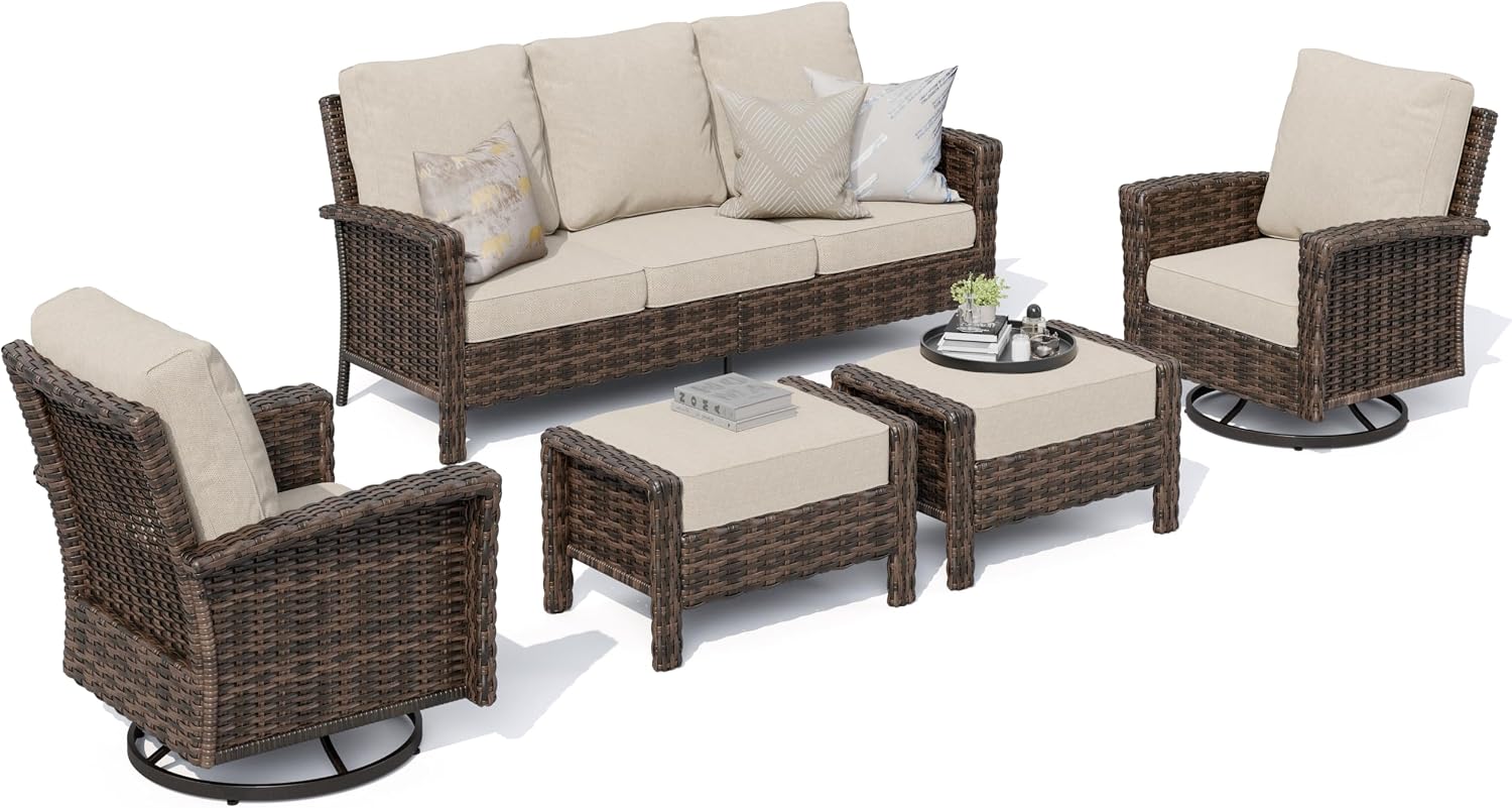 HERA'S HOUSE Patio Furniture Set with Swivel Chairs, High Back Outdoor Wicker Furniture with 5.5' Thick Cushions, Outside Conversation Sofa Sets for Backyard Deck Lawn, Beige