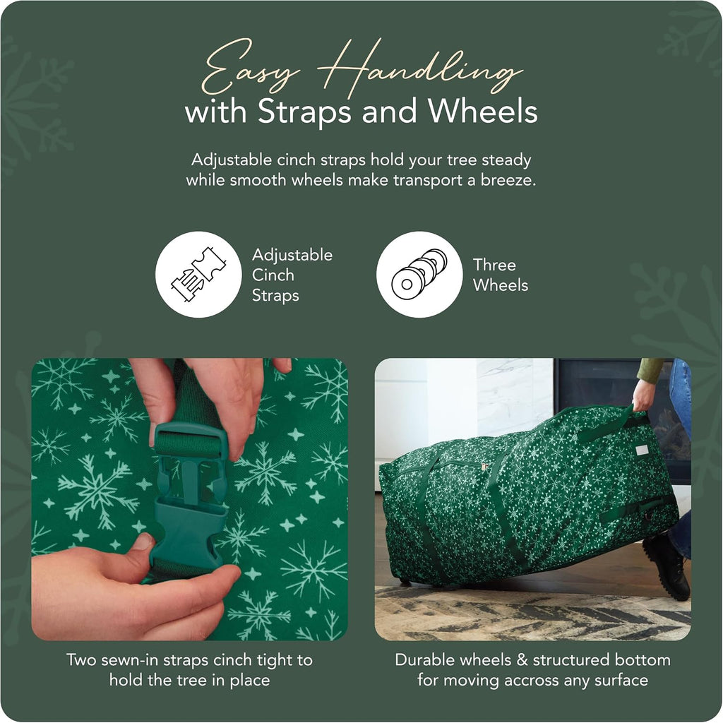 Covermates Keepsakes Christmas Tree Rolling Cinch Bag – Heavy-Duty Polyester Holiday Storage with Wheels, Reinforced Handles & Cinch Straps – Durable Christmas Tree Storage Solution, Green Snowflake