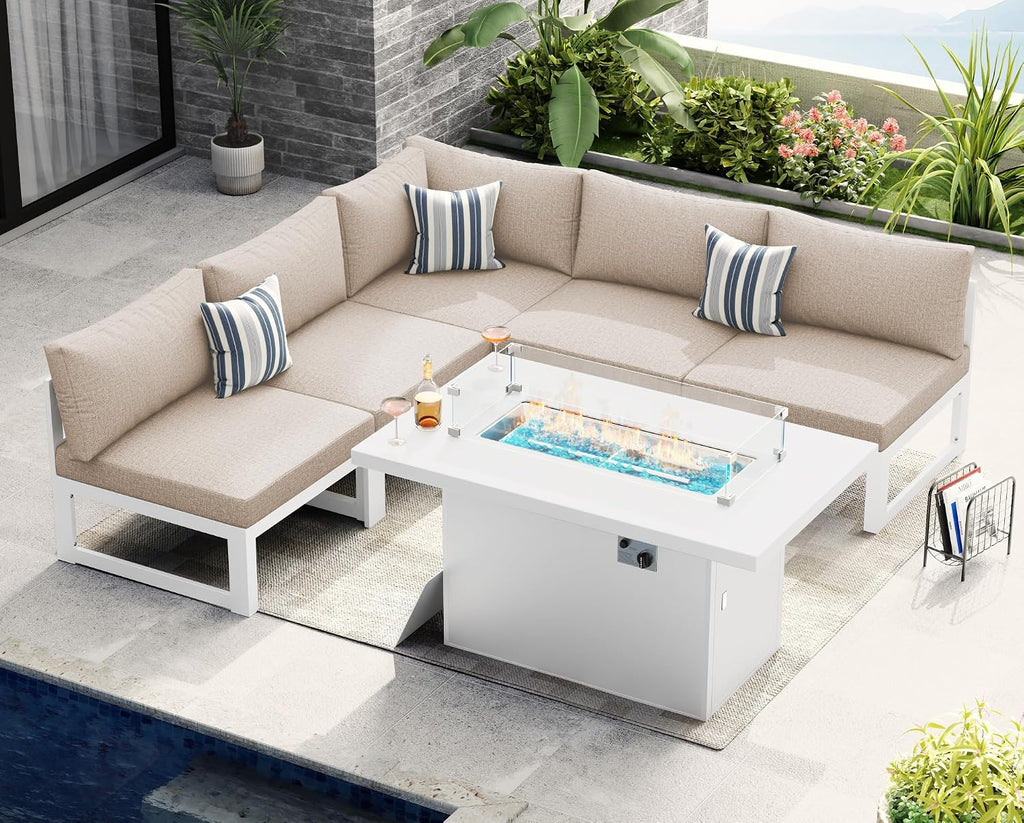NICESOUL® 6 Piece Modern Extra-Large Aluminum Patio Furniture Set with Fire Pit Table Propane/Natural Gas, 29'' Deep Wide Seated Outdoor Conversation Sofas, 500lbs Heavy Duty L Shaped Sectional, Beige