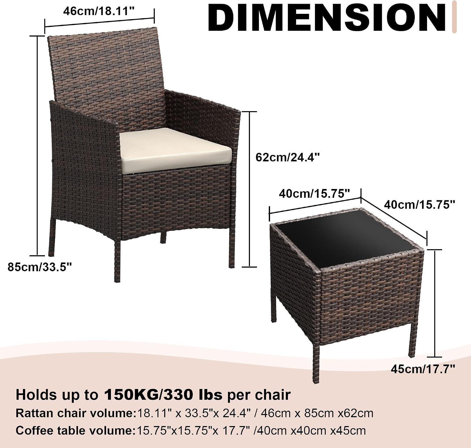 3 Piece Patio Furniture Set, Outdoor Patio Wicker Sofa Set with Upholstery and Glass Storage Coffee Table, All Weather Conversation Rattan Set for Garden, Porch, Lawn, Pool, Brown