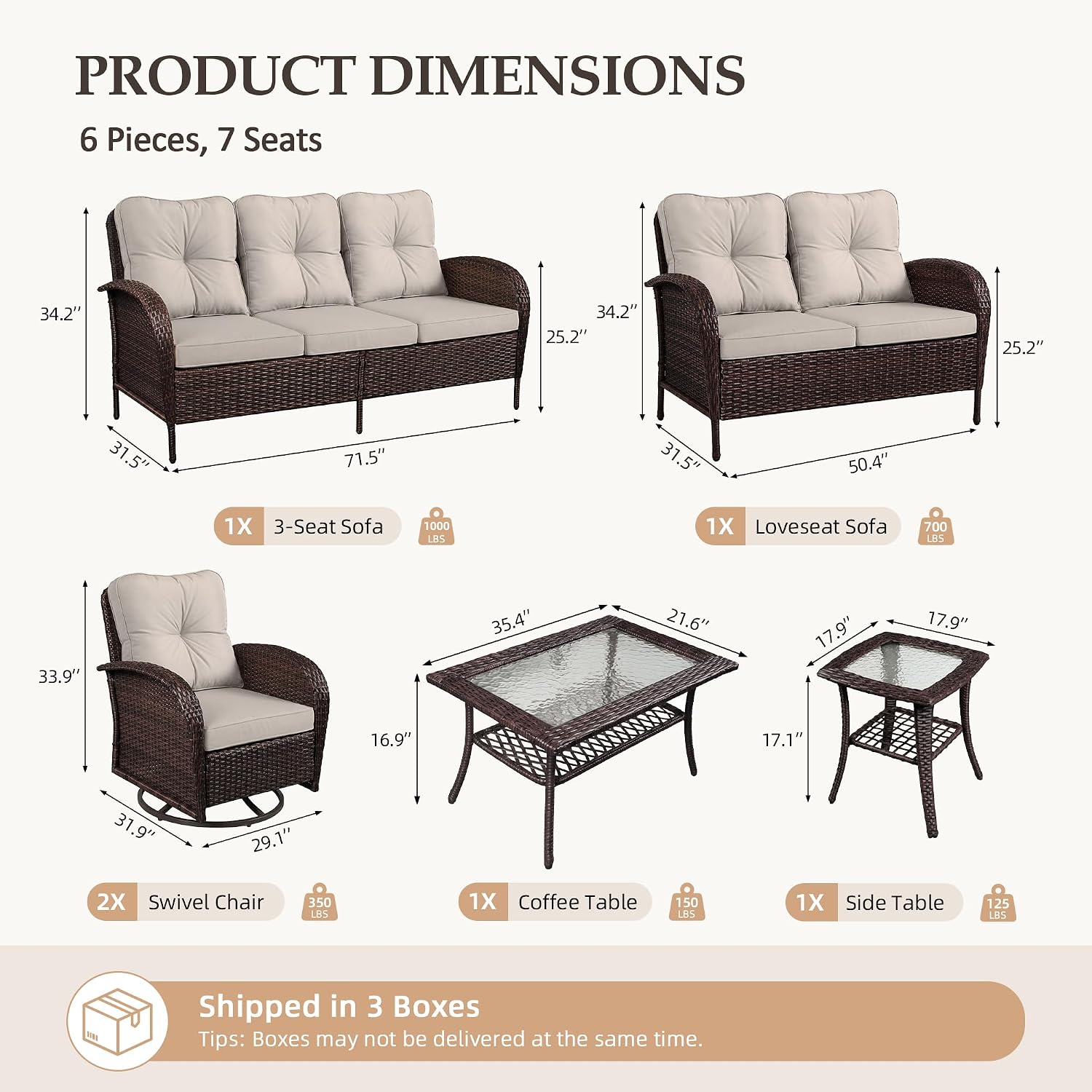 UPHA 6 Pieces Patio Furniture Sets, Wicker Outdoor Sofa Set with Loveseat & 3-Seat Couch, Swivel Chairs, Patio Conversation Set for Deck Backyard Garden, Brown Rattan, Beige Cushion