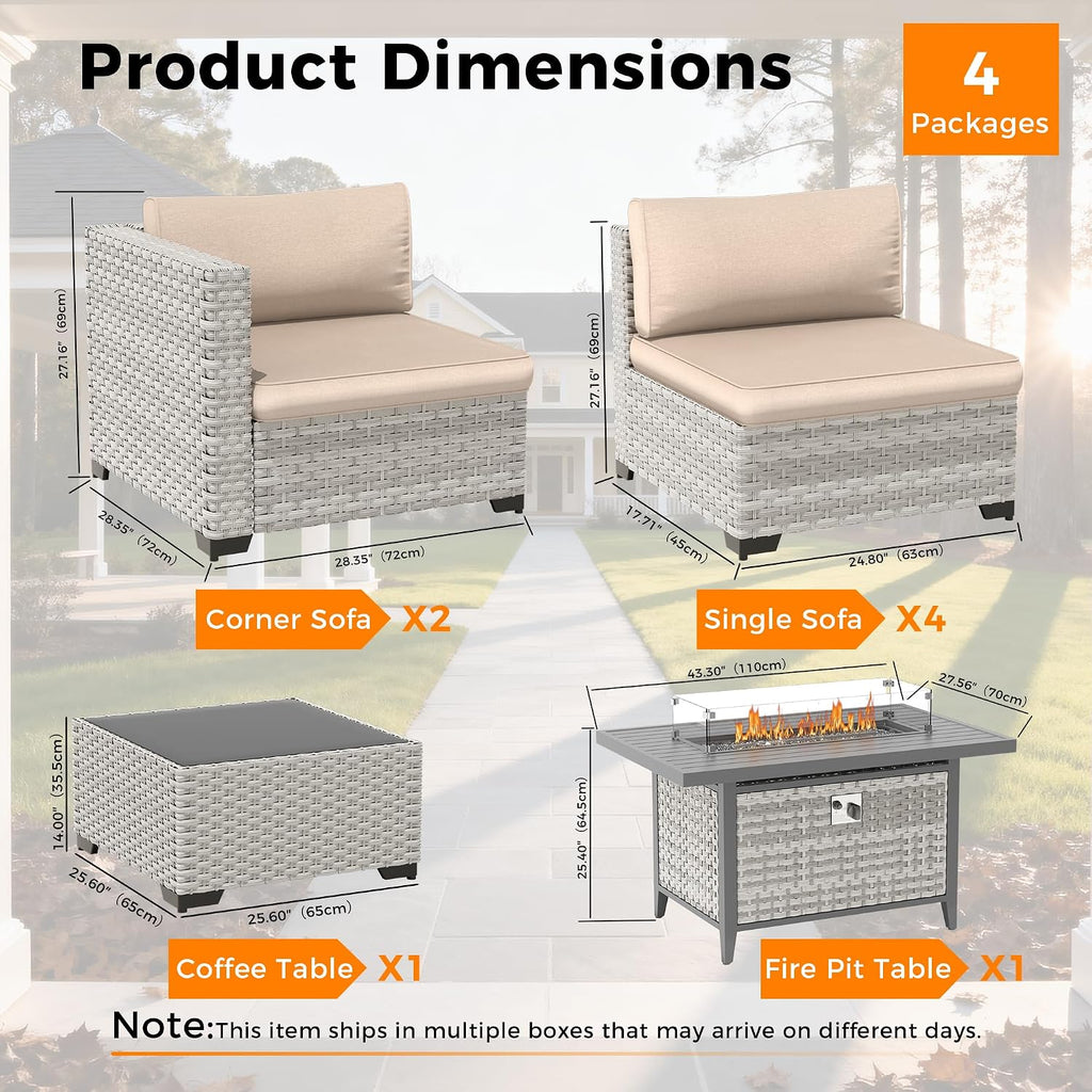 6-Seat Modern Outdoor Wicker Rattan Patio Furniture Set with 55,000 BTU Fire Pit Table, Thick 4″ Cushions, All-Weather Dual-Strand Rattan, Rust-Resistant Steel Frame,Beige