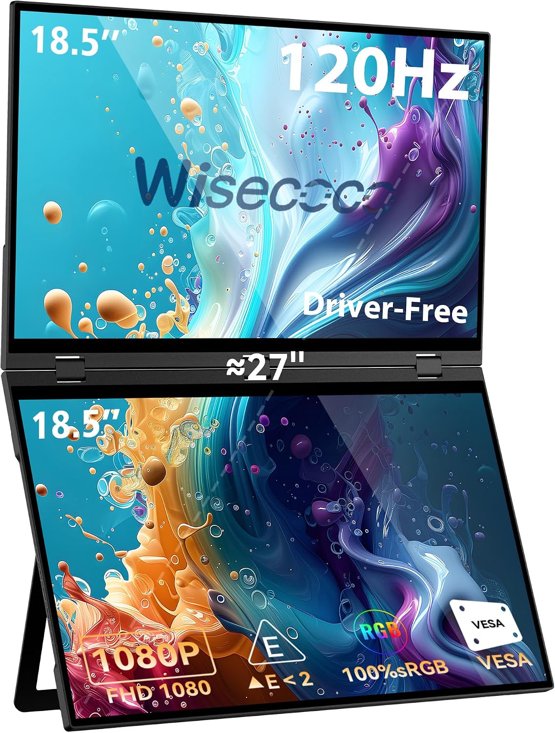 wisecoco 18.5'' 120Hz FHD 1080P Dual Triple Portable Monitor IPS USB-C HDMI HDR Secondary Display Foldable Laptop PC Gaming Monitor 100% sRGB Windows Mac Android Plug&Play Flip S8