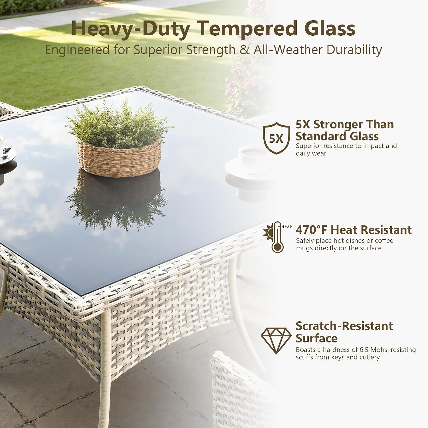 Outdoor Dining Set, 5-Piece Patio Furniture Set with Tempered Glass Table and 4 Cushioned Chairs, Dual-Strand Wicker Rattan, Balcony Furniture for Backyard, Garden, Deck,– Black