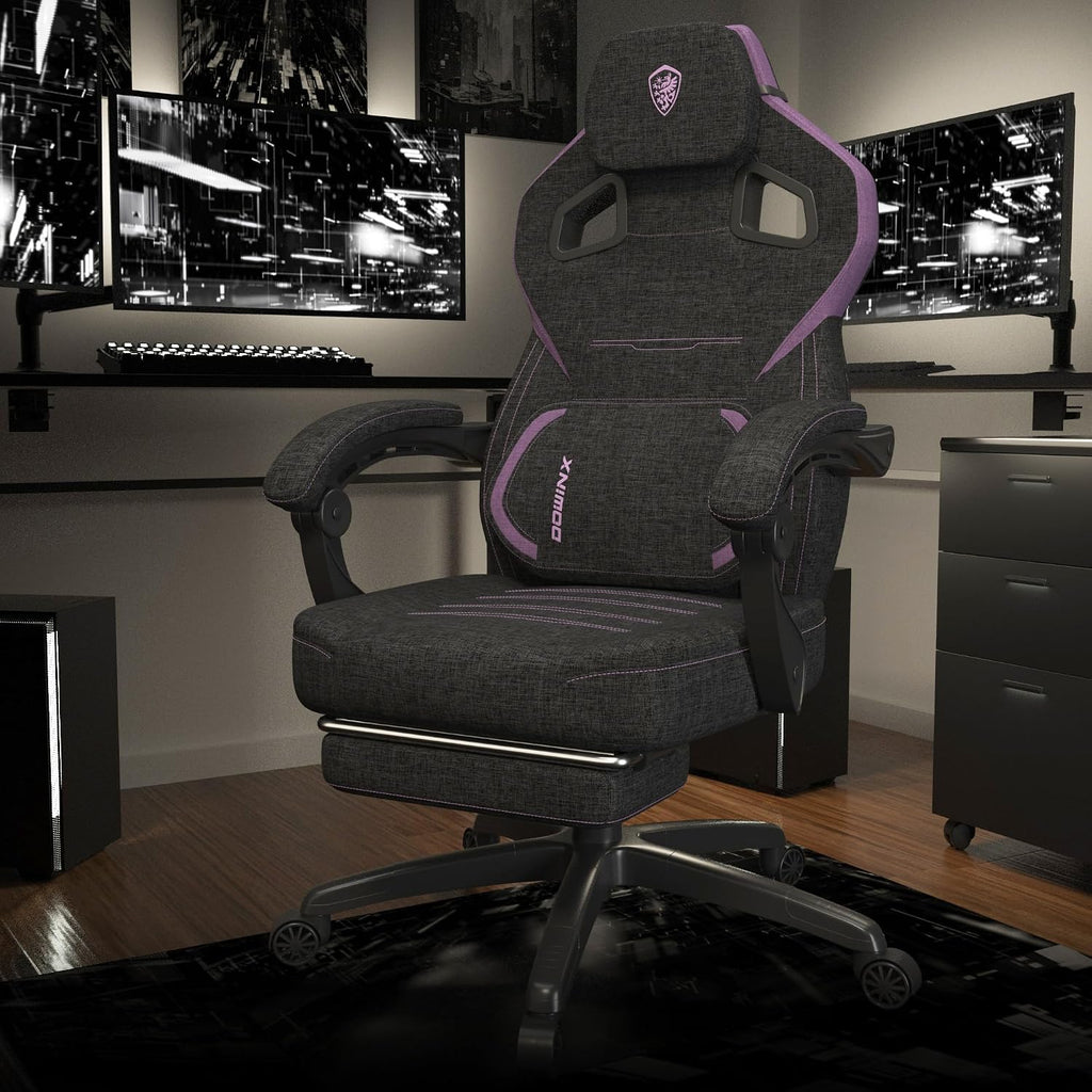 Dowinx Gaming Chair Fabric with Massage Lumbar Support, Big and Tall Gaming Chairs for Adults, High Back Computer Chair with Footrest for Office Gaming, Purple