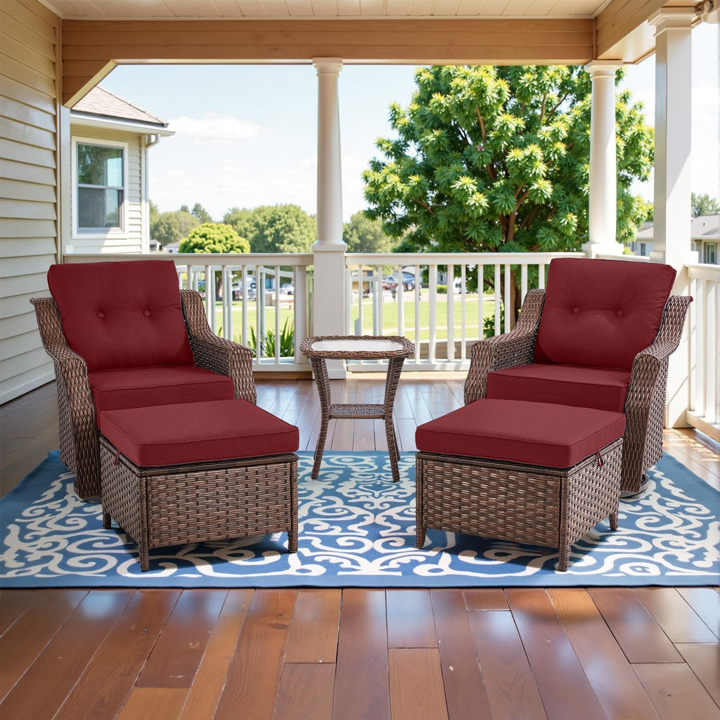 Belord 5 Piece Wicker Patio Furniture Set with Ottoman - High Back Outdoor Swivel Rocker Glider Chairs with Glass Top Side Table,28D High-Density 6' Removable Blue Cushion for Deck Porch Backyard