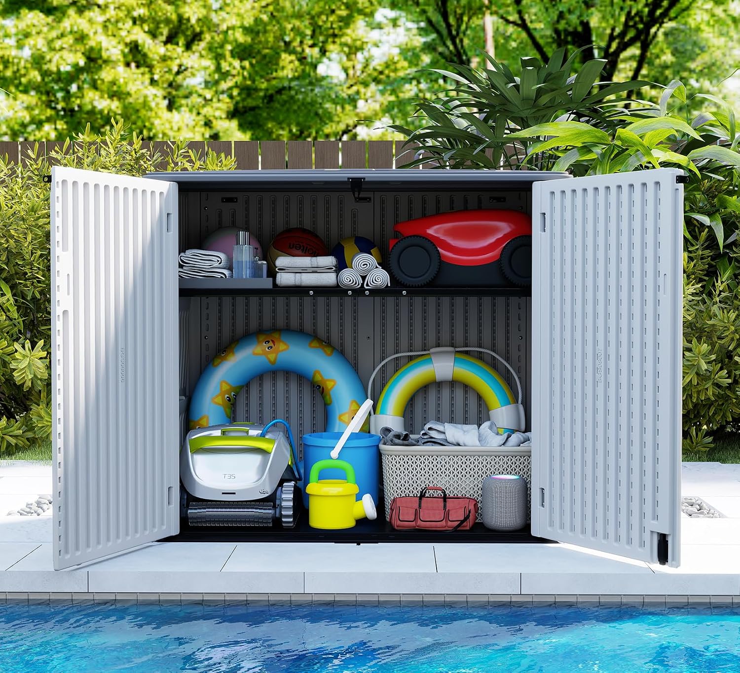 HOMSPARK Storage Shed Weather Resistance, Multi-Purpose Outdoor Storage Cabinet for Backyards and Patios, Horizontal Storage Shed for Lawnmower, Patio Accessories (Off-White, Large - 48 cu.ft)
