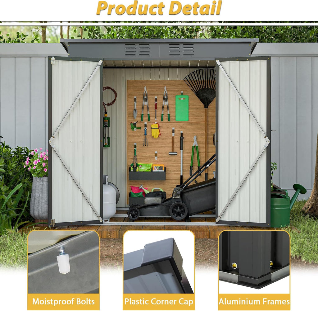 6x4 FT Outdoor Storage Shed with Lockable Double Doors, Aluminum Frame, Weatherproof with Frame Floor, Metal Tool Shed for Garden, Backyard, Patio, and Equipment Storage