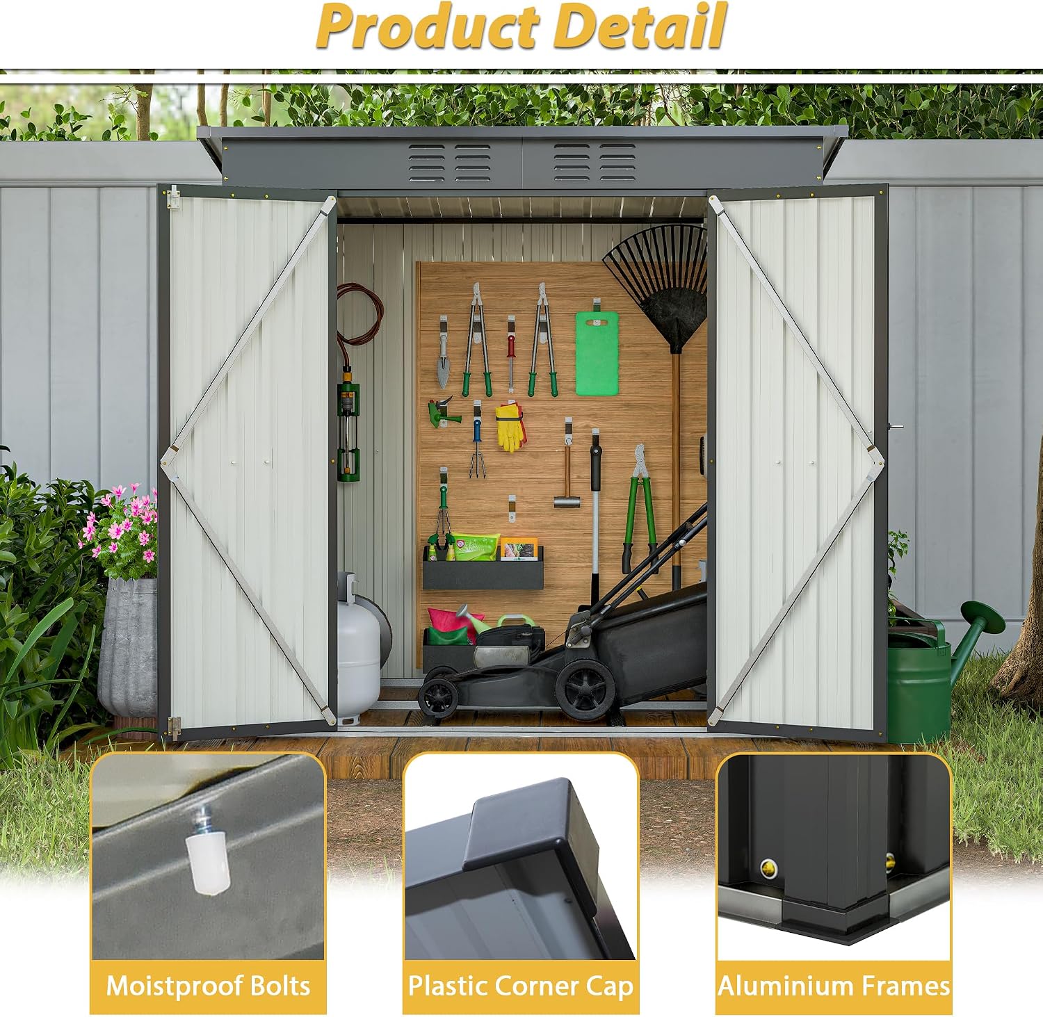 6x4 FT Outdoor Storage Shed with Lockable Double Doors, Aluminum Frame, Weatherproof with Frame Floor, Metal Tool Shed for Garden, Backyard, Patio, and Equipment Storage