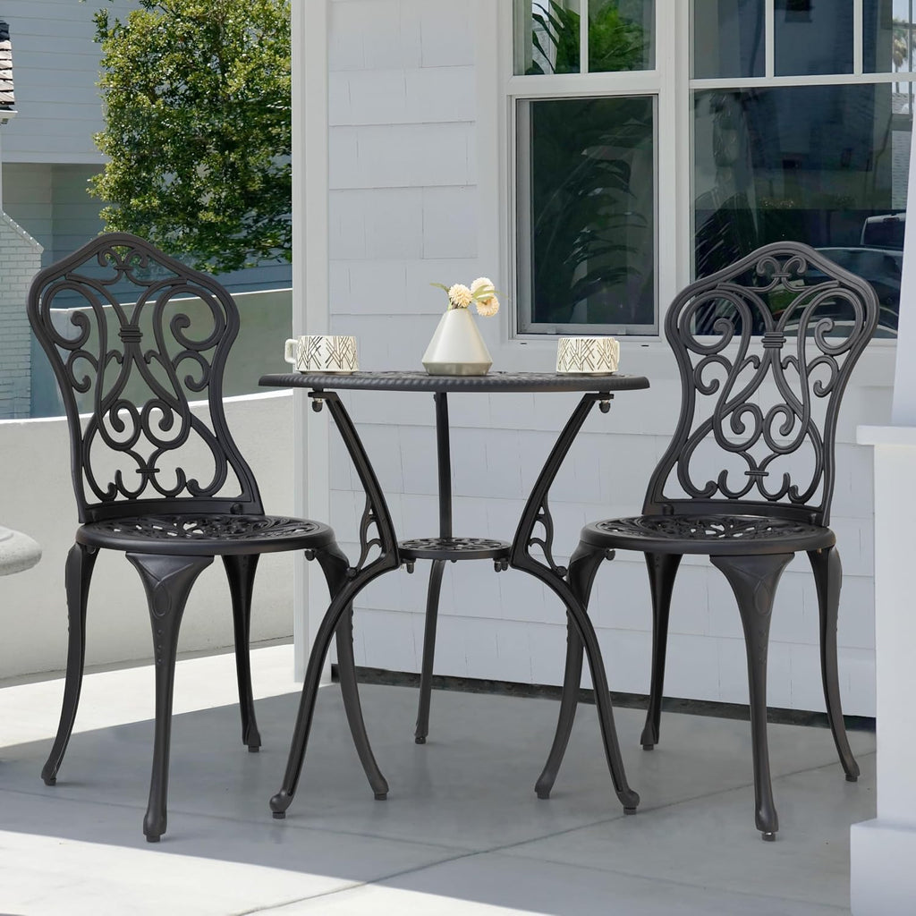 NUU GARDEN 3-Piece Outdoor Bistro Set with 2 Chairs and Round Table with Umbrella Hole, All-Weather Patio Set for Garden, Porch, Lawn, Poolside, Black