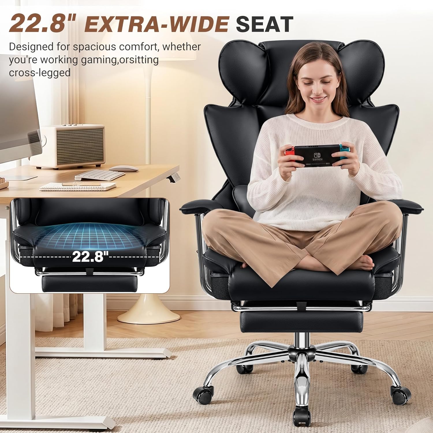 ALLGOD Big and Tall Ergonomic Office Chair with Footrest, High Back Executive Leather Office Chair, Reclining Computer Desk Chair, Comfy Heavy Duty Home Gaming Chair with Padded Arm, Black-2 Pack