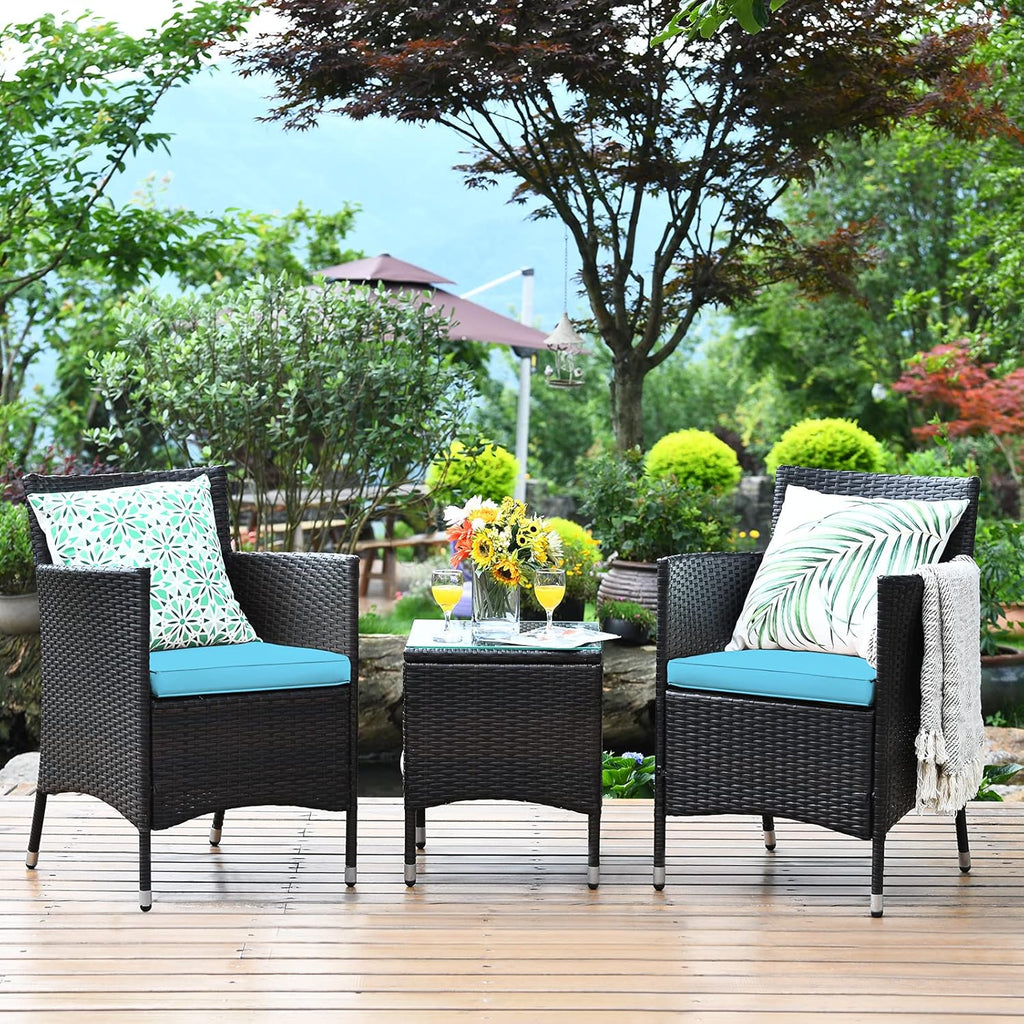 COSTWAY 3 PCS Patio Furniture Set, Outdoor Wicker Conversation Set with Tempered Glass Coffee Table, Seat Cushions, Rattan Wicker Chairs for Poolside Balcony Porch Backyard, Blue