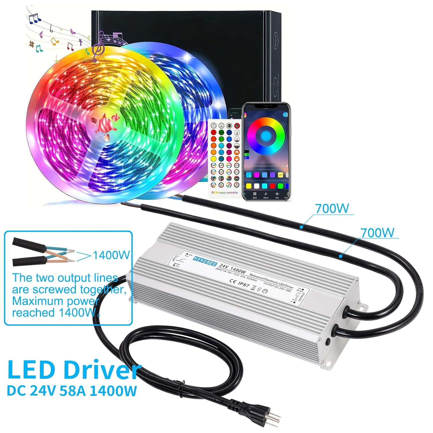 LED Driver 24V1400W Waterproof Power Supply AC90-132V to DC24V58A High Power Switching Power Supply IP67 Transformer Suitable for Indoor and Outdoor LED Lighting and Any 24V DC Equipment