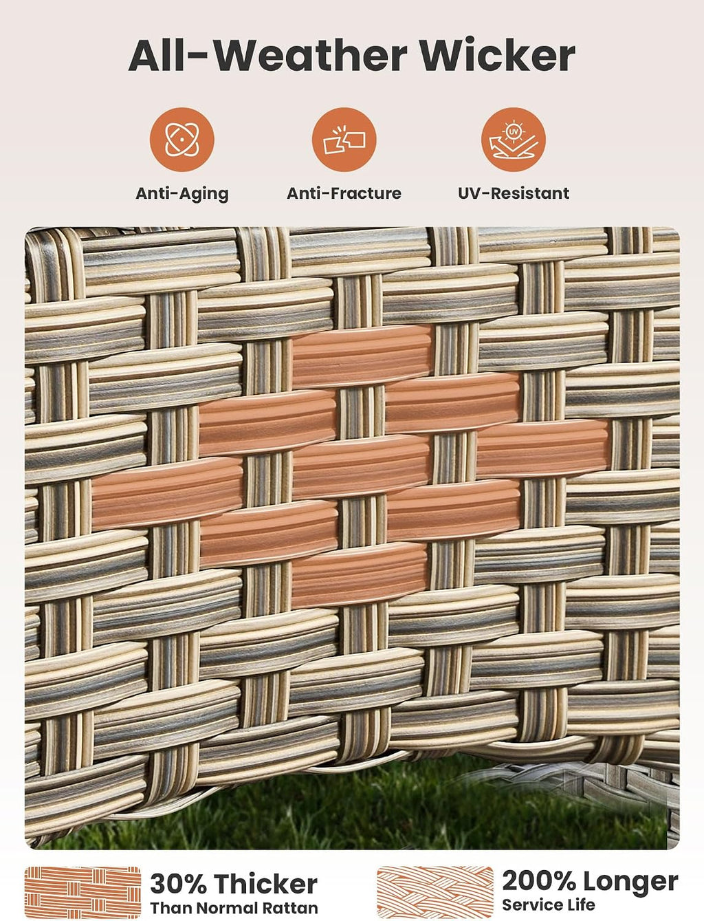 ovios 5 Piece Outdoor Patio Furniture with 3 Seat Sofa,Rattan Wicker Coversation Set with Swivel Rocking Chair,Balcony Sofa Set with Shiny Table for Outside Porch Backyard Pool, Orange