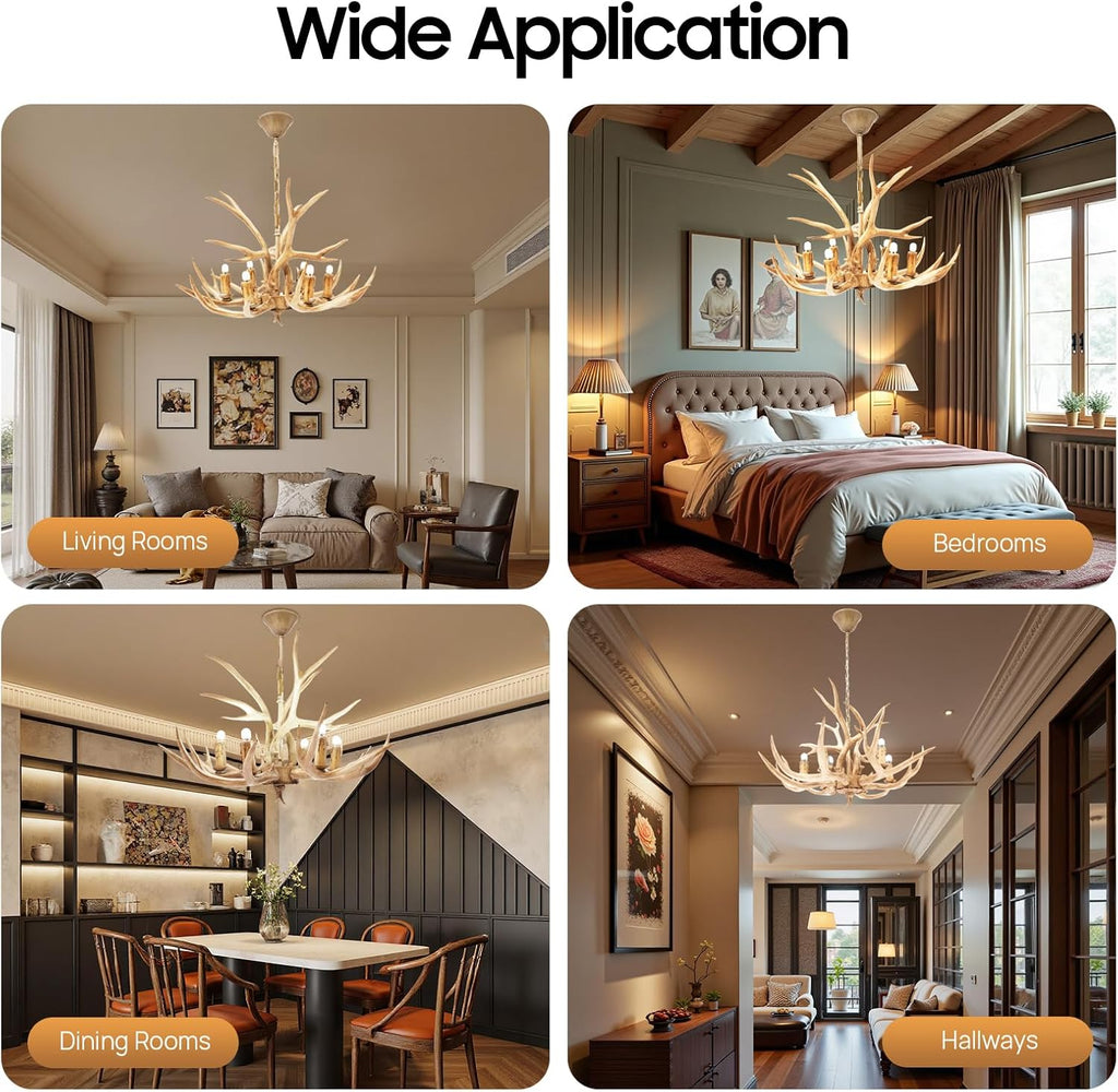 TFCFL 6-Light Antlers Chandelier, Retro Country Style Deer Horn Chandelier Lighting Height Adjustable E12 Base Pendant Light for Living Room Bedroom Kitchen Bar, Bulbs Not Included